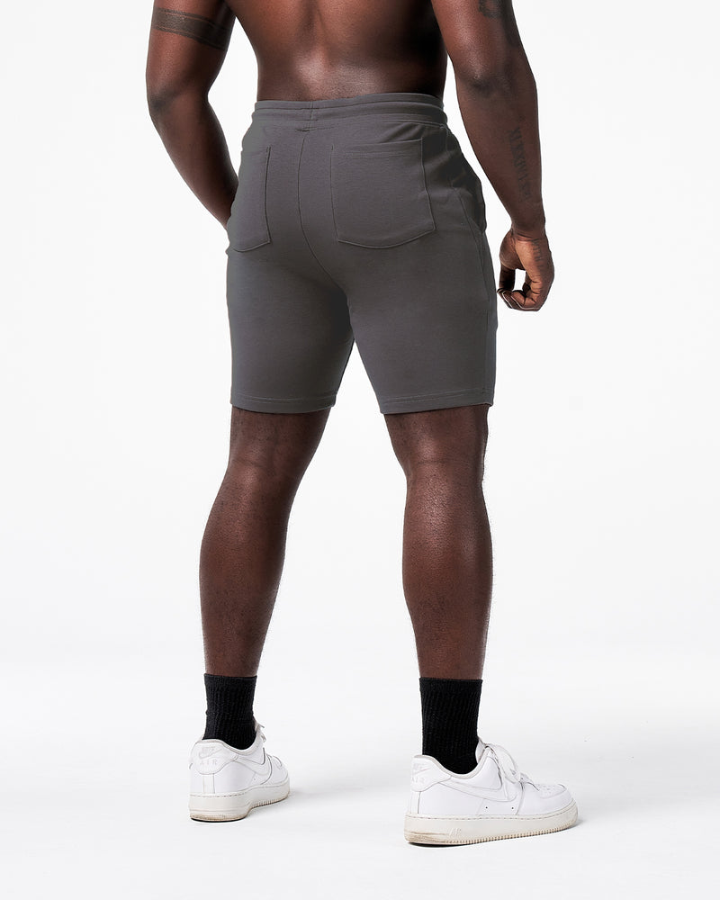 Dark grey men's shorts with white lyftlyfe logo at the front.