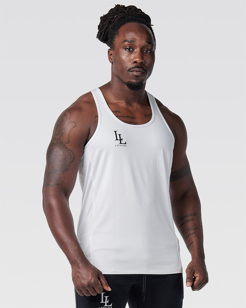 Mens gym stringer in white with a black LL logo