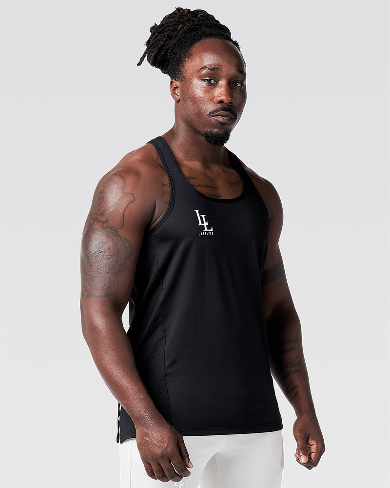 Mens gym stringer in black with a white logo