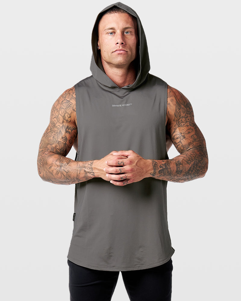Mens hooded tank top in grey with a reflective Dominate Adversity logo at center chest.