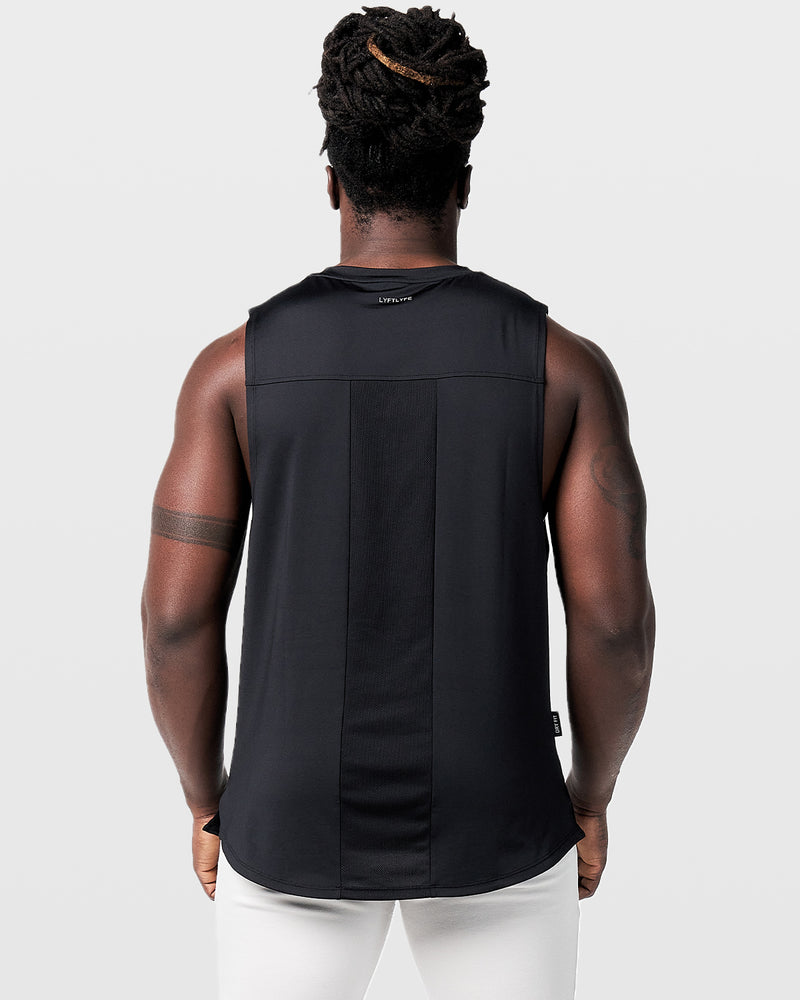 Mens sleeveless tank top in black with a reflective Dominate Adversity logo at center chest.