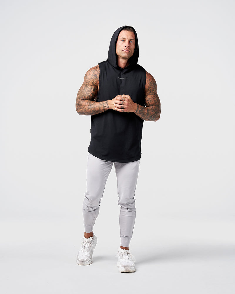 Mens hooded tank top in black with a reflective Dominate Adversity logo at center chest.