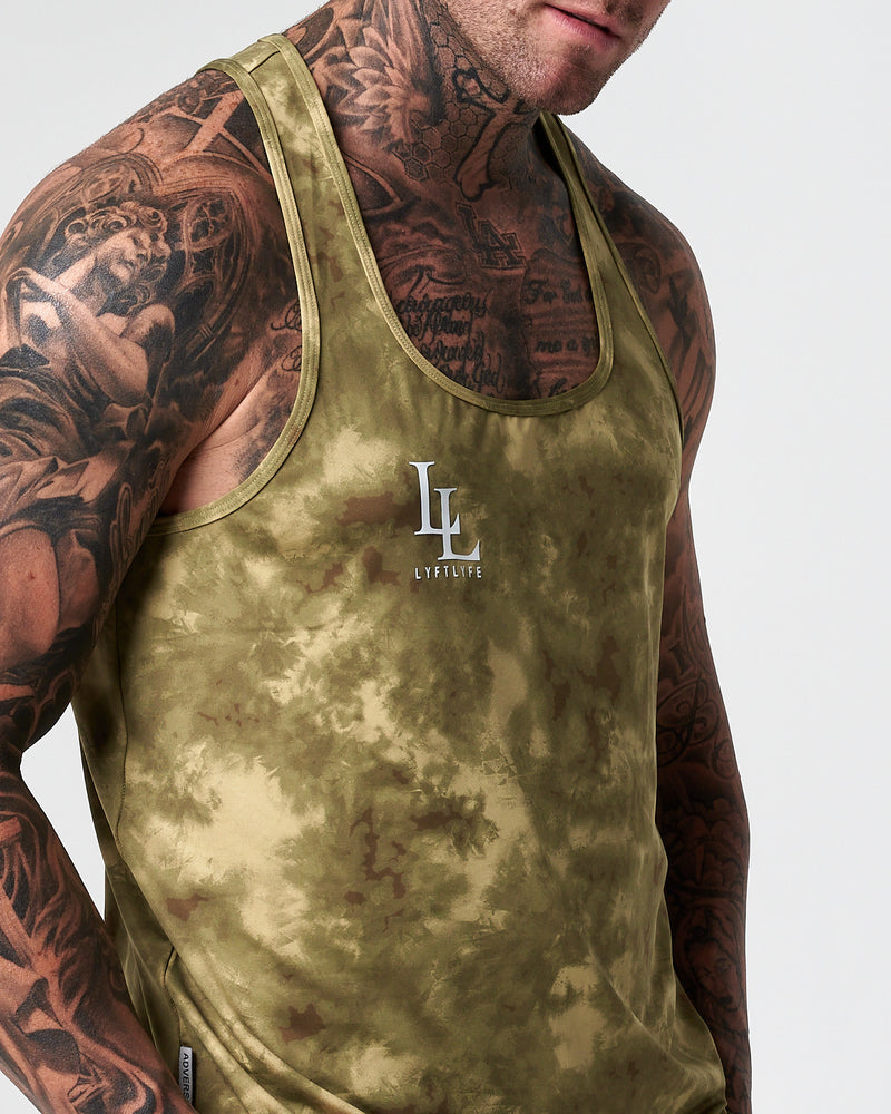 Mens tank top with all over sponge print in green and white.
