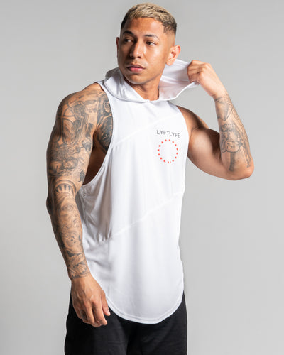 Mens sleeveless hoodie in a 3 panel design in an all white colorway.
