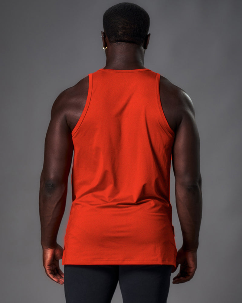 Mens tank top in a red molten color. White logo in the middle of chest.