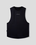 Black sleeveless shirt with a small logo on a light gray background