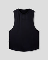 Black sleeveless shirt with a small logo on a light gray background