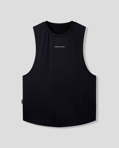 Black sleeveless shirt with a small logo on a light gray background