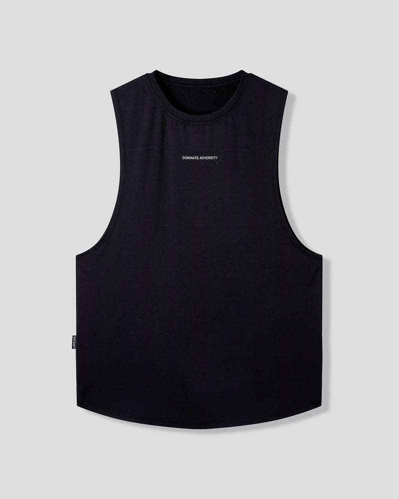 Black sleeveless shirt with a small logo on a light gray background
