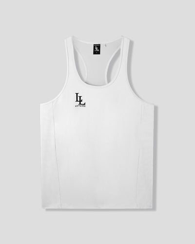 White stringer with a logo on a light gray background
