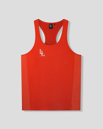 Red stringer with a logo on a gray background