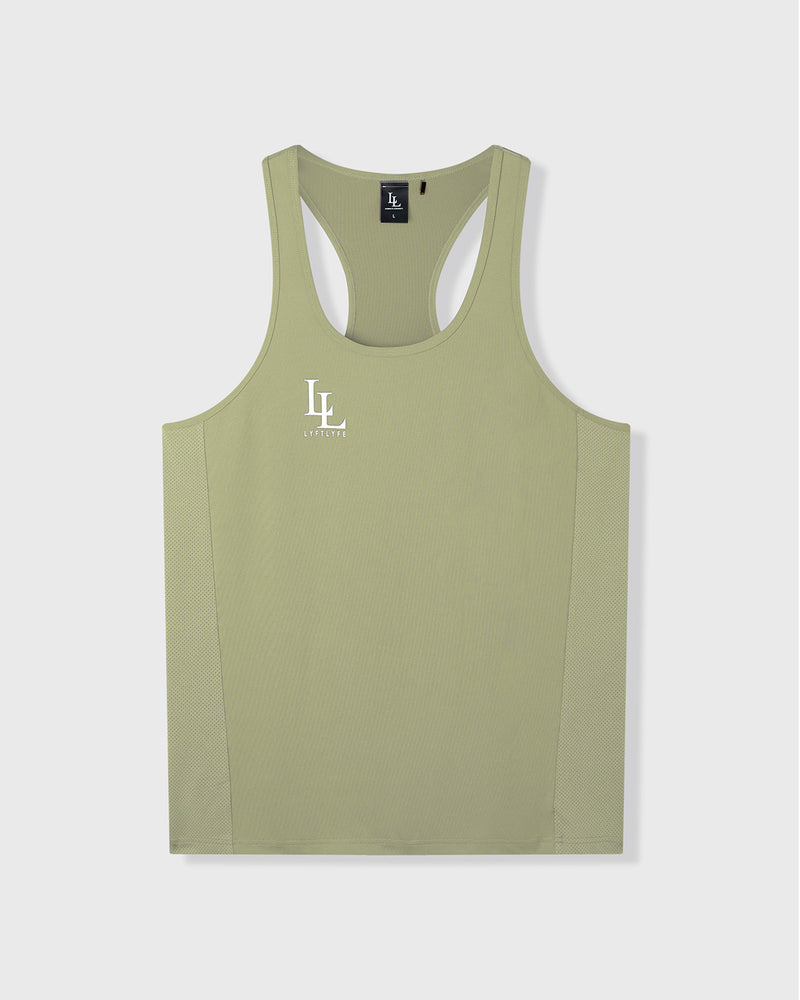 Green stringer with a logo on a white background