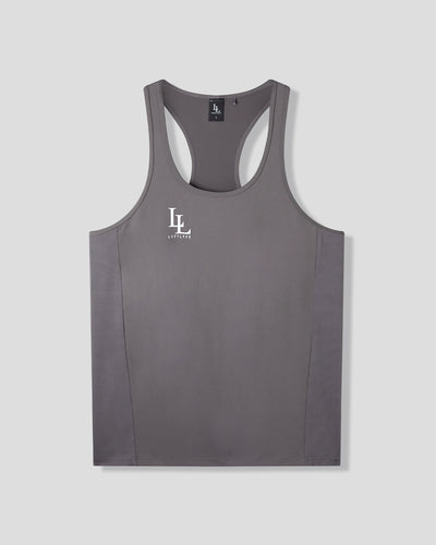 Gray tank top with a logo on a light gray background
