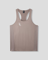 Brown tank top with a logo on a light gray background