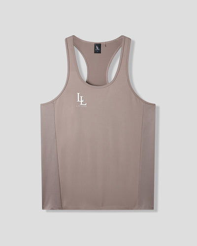 Brown tank top with a logo on a light gray background
