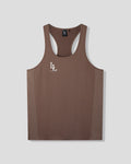 Dark brown stringer with a white logo on a light gray background