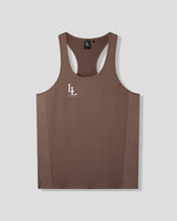 Dark brown stringer with a white logo on a light gray background