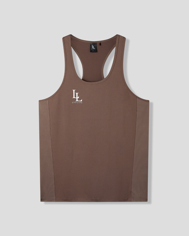 Dark brown stringer with a white logo on a light gray background