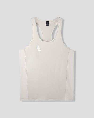 Beige tank top with a logo on a light gray background