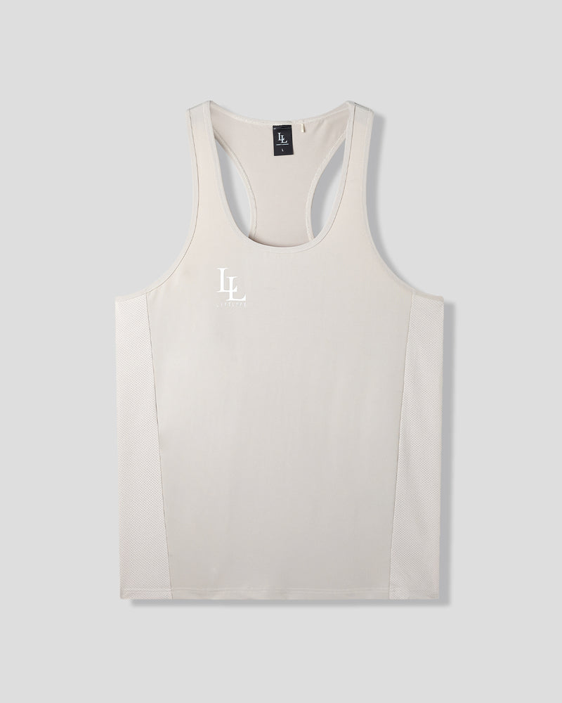 Beige tank top with a logo on a light gray background