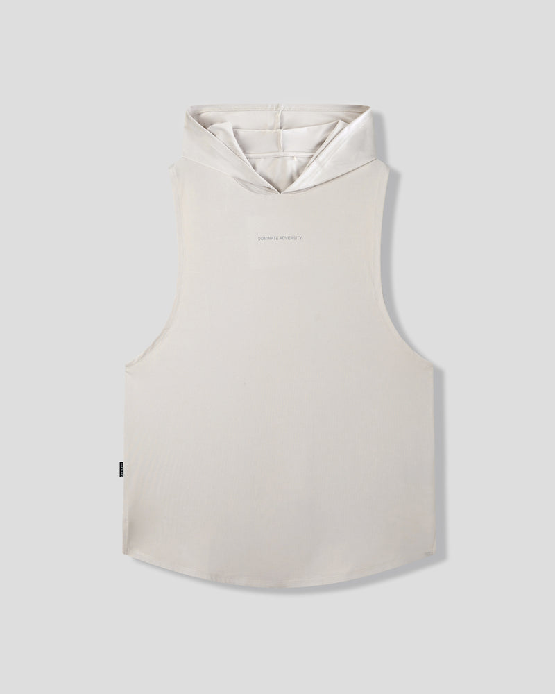 Beige sleeveless vest with a hood on a light gray background