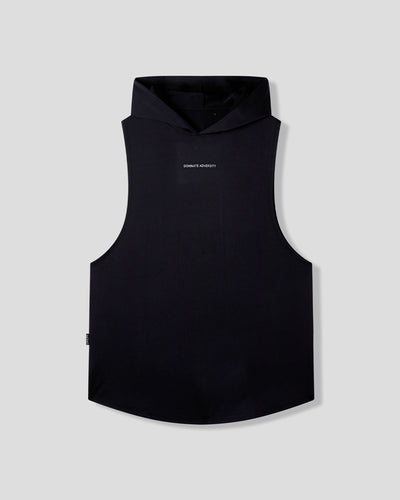 Black sleeveless hoodie with brand logo on a light gray background