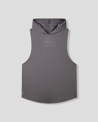 Gray sleeveless hoodie with brand logo on a light gray background