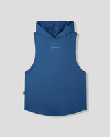 Blue sleeveless hoodie with a brand logo on a light gray background