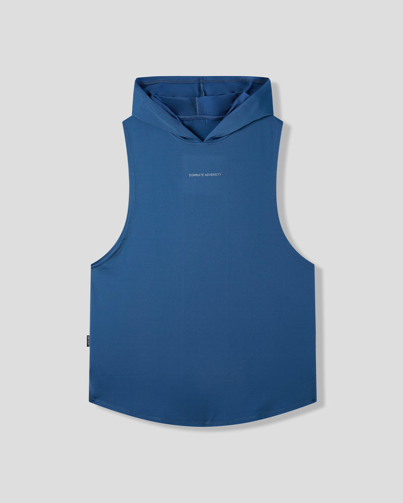 Blue sleeveless hoodie with a brand logo on a light gray background