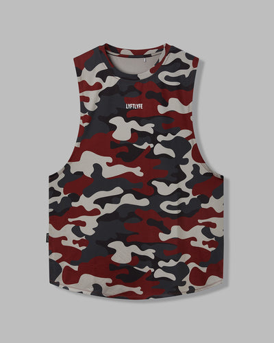 Camouflage sleeveless shirt with a white lyftlyfe logo on a gray background