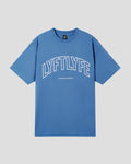 Blue oversized t-shirt with 'LYFTLYFE' text on a light gray background