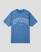 Blue oversized t-shirt with 'LYFTLYFE' text on a light gray background