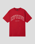 Red oversized t-shirt with 'LYFTLYFE' text on a gray background