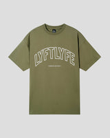 Green oversized t-shirt with 'LYFTLYFE' text on a light gray background