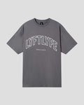 Gray t-shirt with 'LYFTLYFE' text on a light gray background
