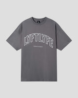 Gray t-shirt with 'LYFTLYFE' text on a light gray background