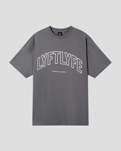 Men’s oversized grey T-shirt with Lyftlyfe logo and 'Dominate Adversity' slogan, made from soft premium cotton.