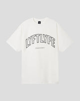 White t-shirt with 'LYFTLYFE' text on a light gray background