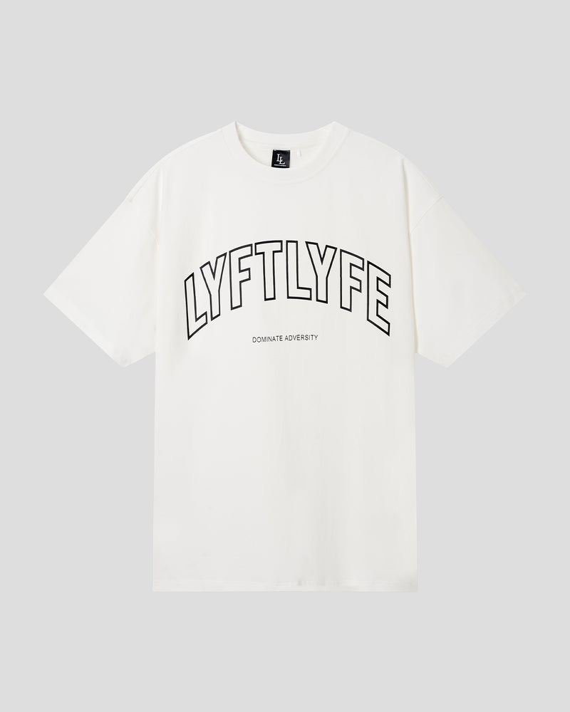 Men’s oversized white T-shirt with Lyftlyfe logo and 'Dominate Adversity' slogan, made from soft premium cotton.