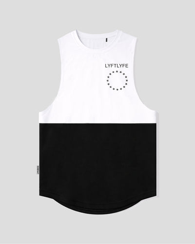 White and black sleeveless shirt with 'LYFTLYFE' branding on a gray background