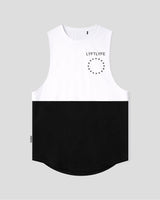 White and black sleeveless shirt with 'LYFTLYFE' branding on a gray background