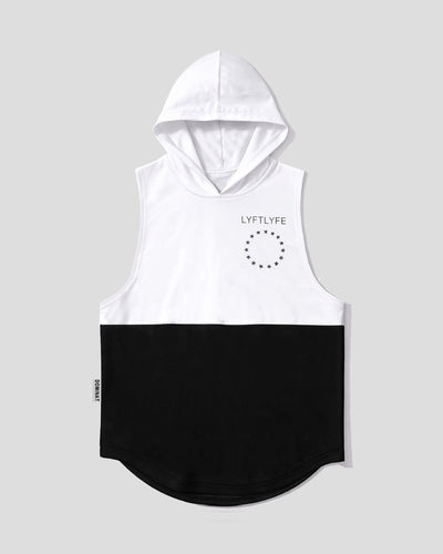 White and black sleeveless hoodie with 'LYFTLYFE' logo on a light gray background