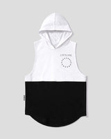 White and black sleeveless hoodie with 'LYFTLYFE' logo on a light gray background