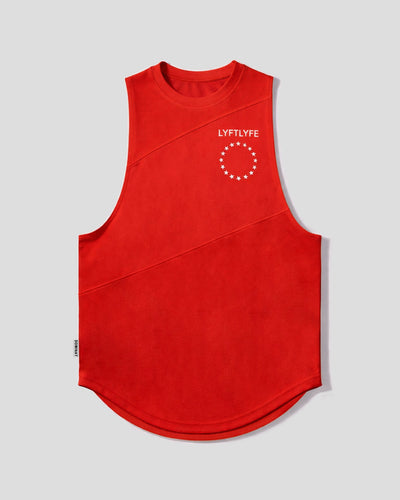 Red sleeveless shirt with 'LYFTLYFE' logo on a gray background