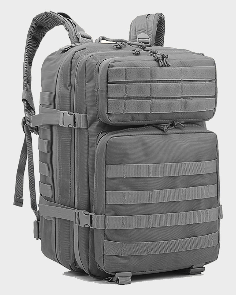 Gray tactical backpack on a white background