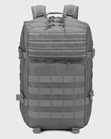Gray tactical backpack on a light gray background