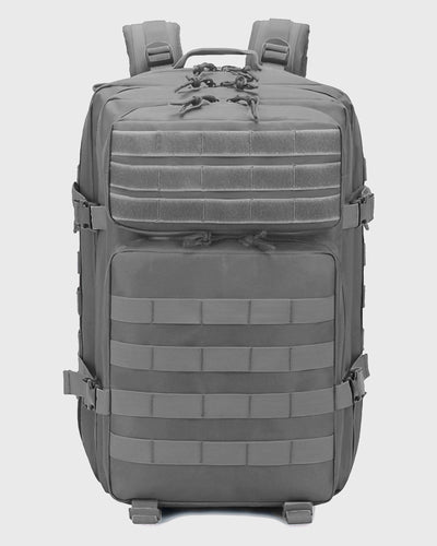 Gray tactical backpack on a white background