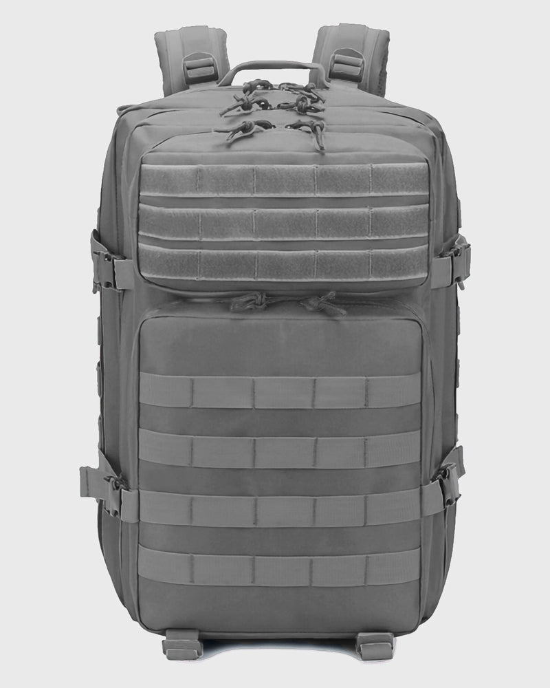 Gray tactical backpack on a white background