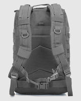 Gray tactical backpack on a light gray background