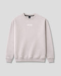 Oversized women's crewneck in off-white with a brand logo on a light gray background